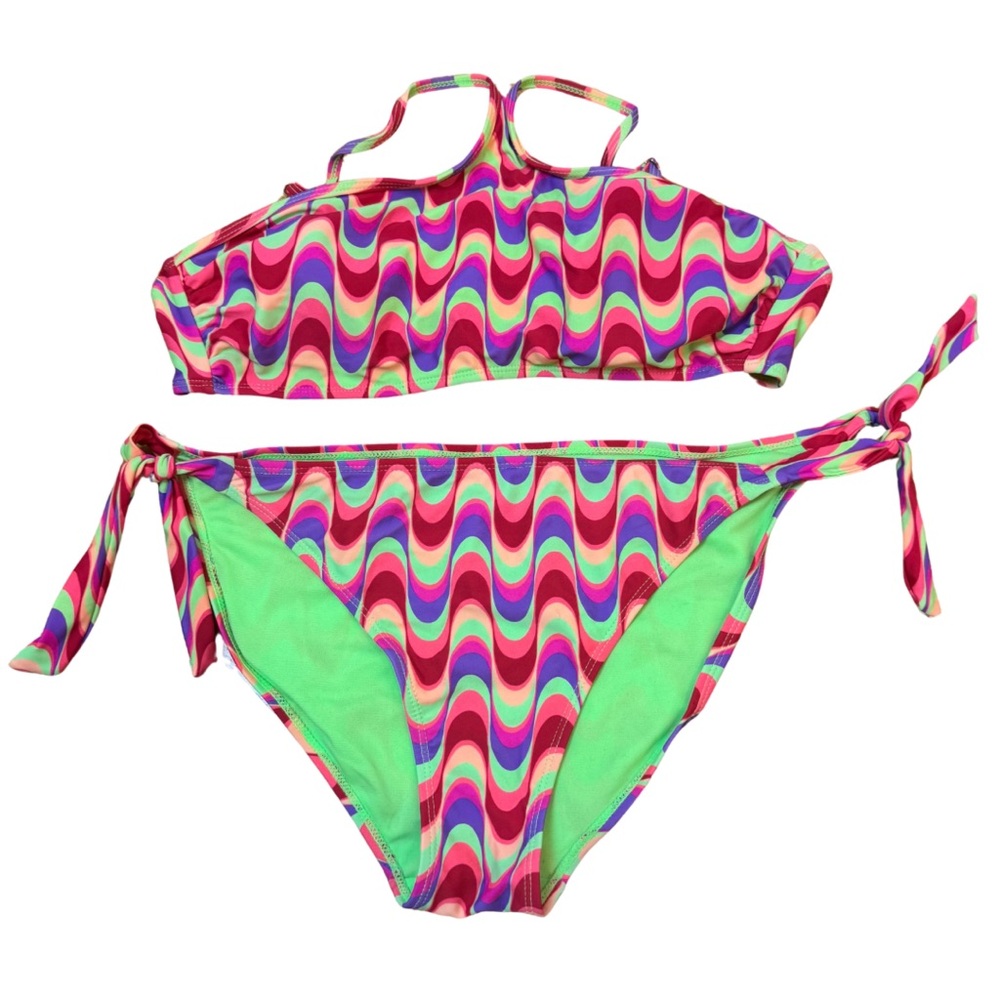 No Boundaries groovy colorful printed halter bikini set - top size L, bottoms XL